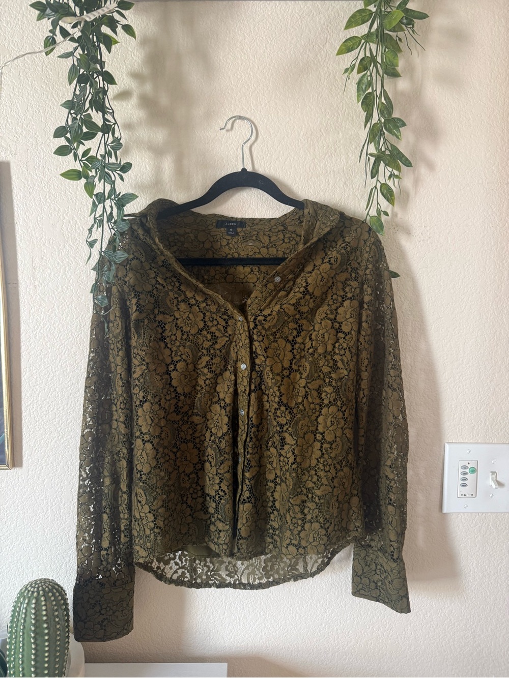 J. Crew Olive Green Floral Lace Button-Front Blouse